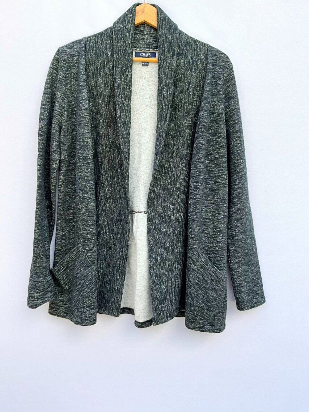 Chaps Gray Open Front Cardigan Sweater Women’s Medium Cotton Blend Pockets NWOT